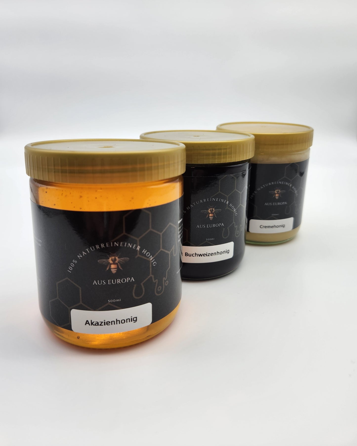 3er Honig-Probier-Set – Akazie, Sommerblüte & Buchweizen (je 500 g Glas)