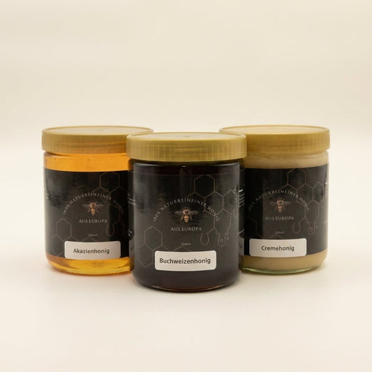 3er Honig - Probier - Set – Akazie, Sommerblüte & Buchweizen (je 500g Glas) - Imkerei B&J