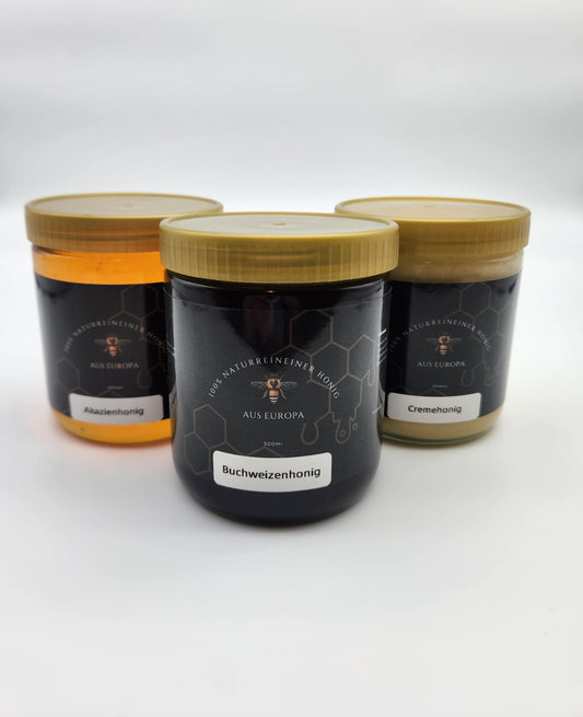 3er Honig-Probier-Set – Akazie, Sommerblüte & Buchweizen (je 500 g Glas)